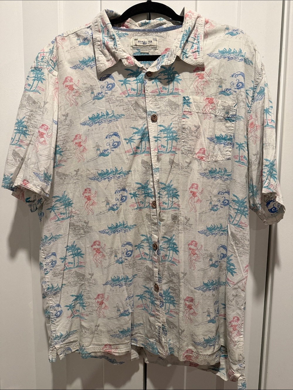 Hawaiian Short-Sleeve Button-Down Shirt - White with Blue & Pink Print